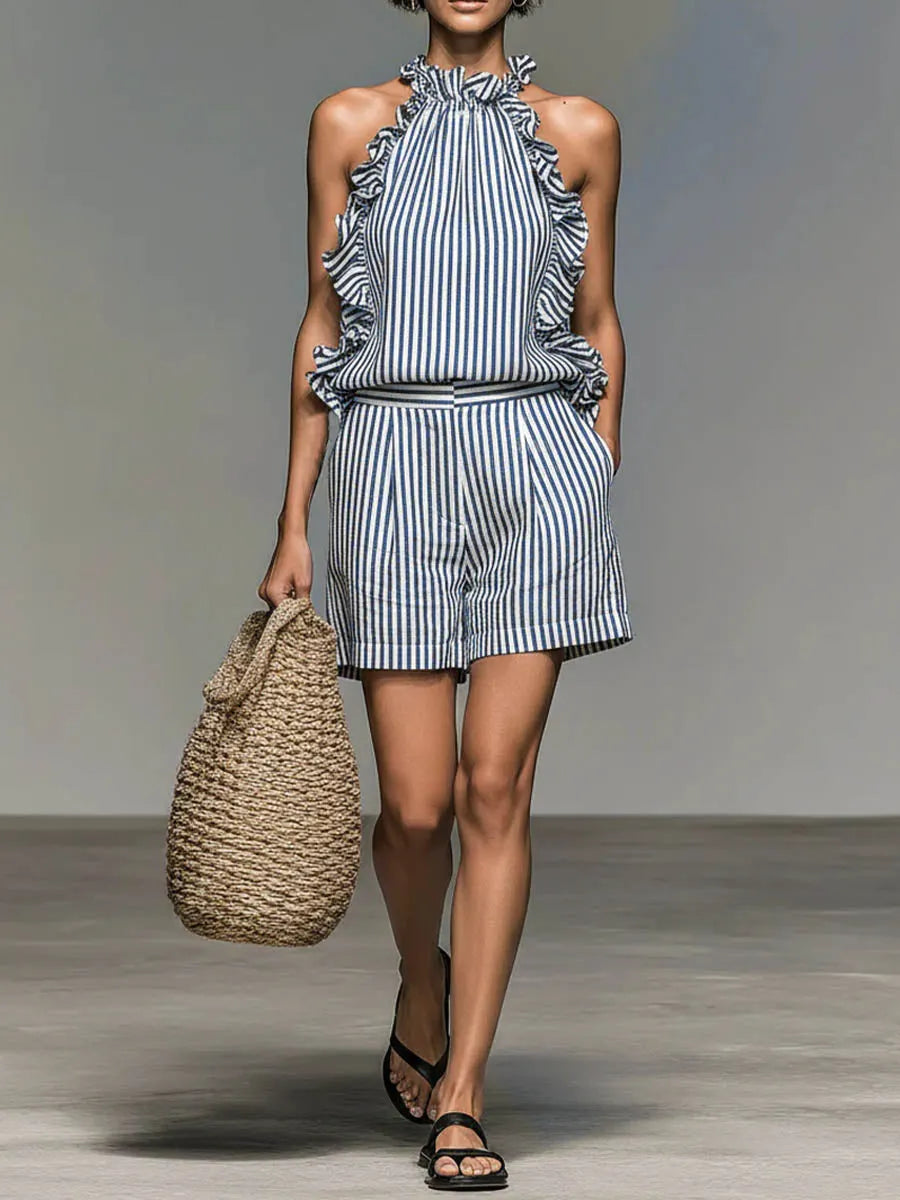 Women's Striped Printed Stand-up Collar Sleeveless Casual Loose Top And High-waisted Casual Loose Wide-leg Shorts Cotton Linen Set