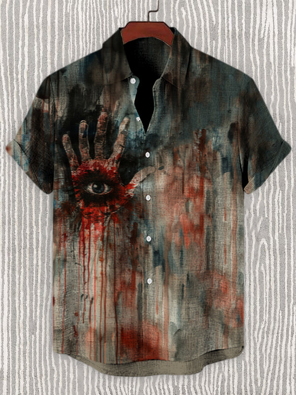 Men's Weird Blood Hand Art Printed Linen Blend Shirt 2140