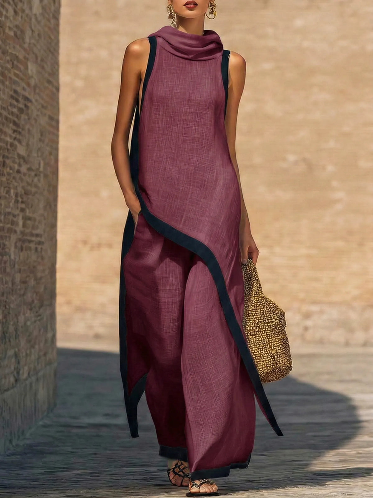 Artistic Cut Trim Elegant Linen Cotton Two-piece Set