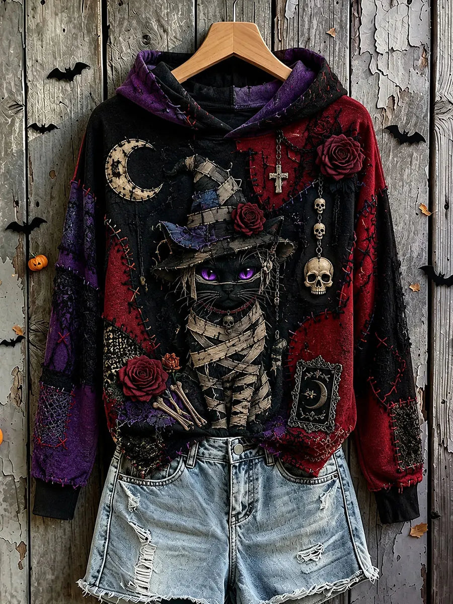 Women's Halloween Black Cat Art Print Casual Hoodie