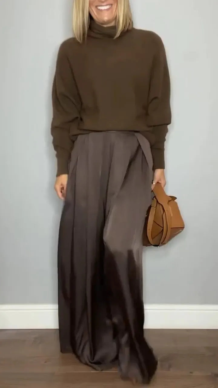 Women Round Neck Solid Color Knitted Top + Pants Casual Suit