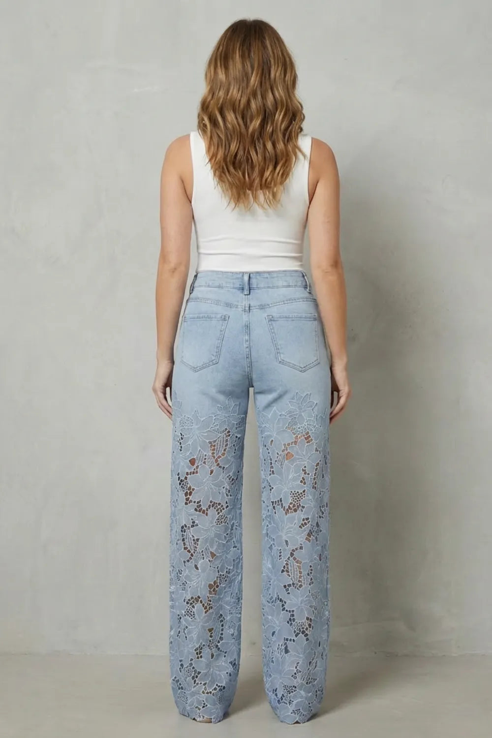 Floral lace overlay – Wide-leg denim jeans