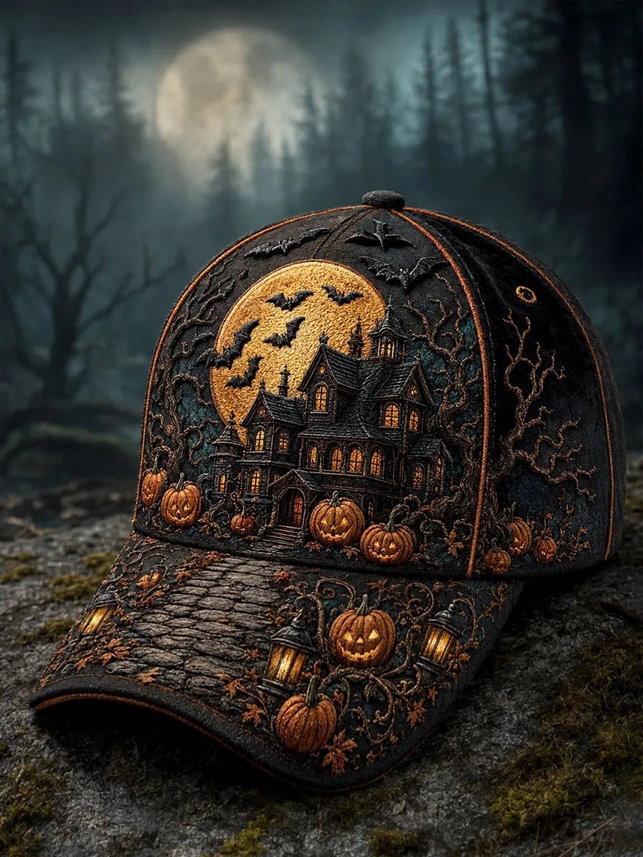 Halloween Moonlit Haunted House and Pumpkin Black Baseball Cap
