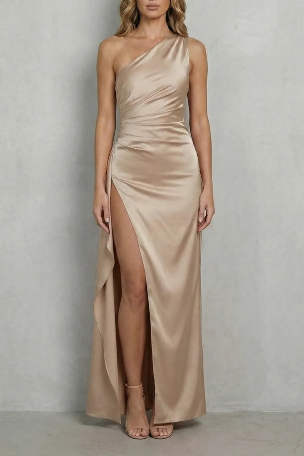Liquid satin drape – One-shoulder evening gown