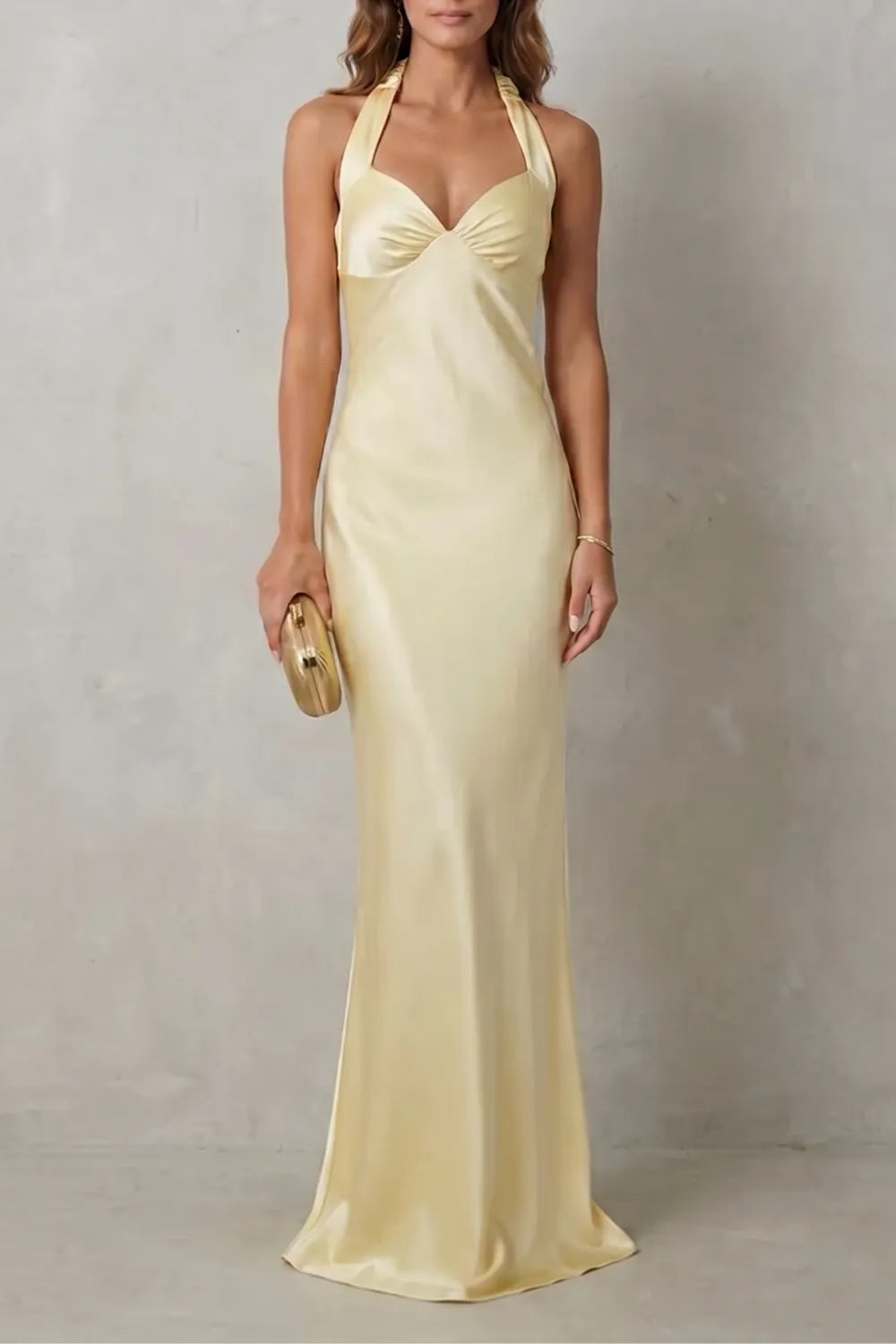 Golden hour elegance – Off-shoulder satin evening gown