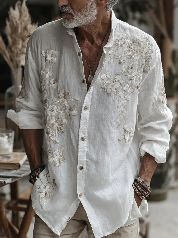 Men's Vintage Floral Embroidered Art Button Linen Shirt