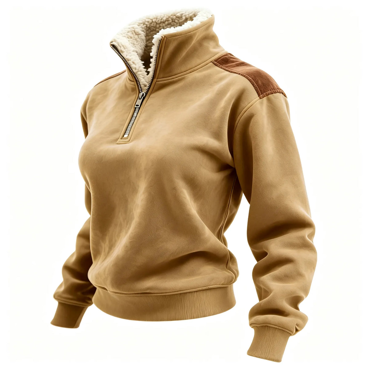 Retro Western Style Women's Contrast Color Patch Suede 1/4 Zip Stand Collar Sweatshirt