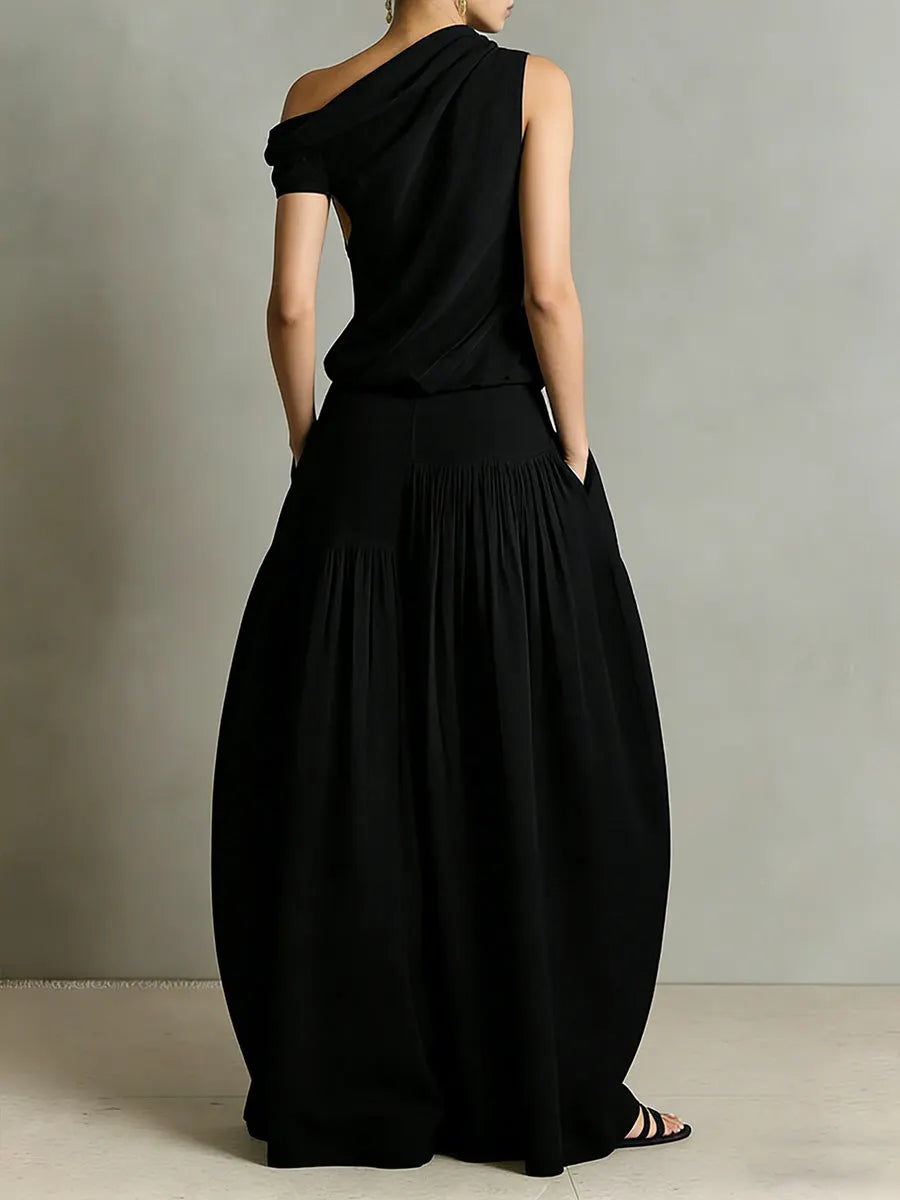 Women's Round Neck Sleeveless Casual Loose Top And High-waisted Casual Loose Wide-leg Pants Cotton And Linen Set