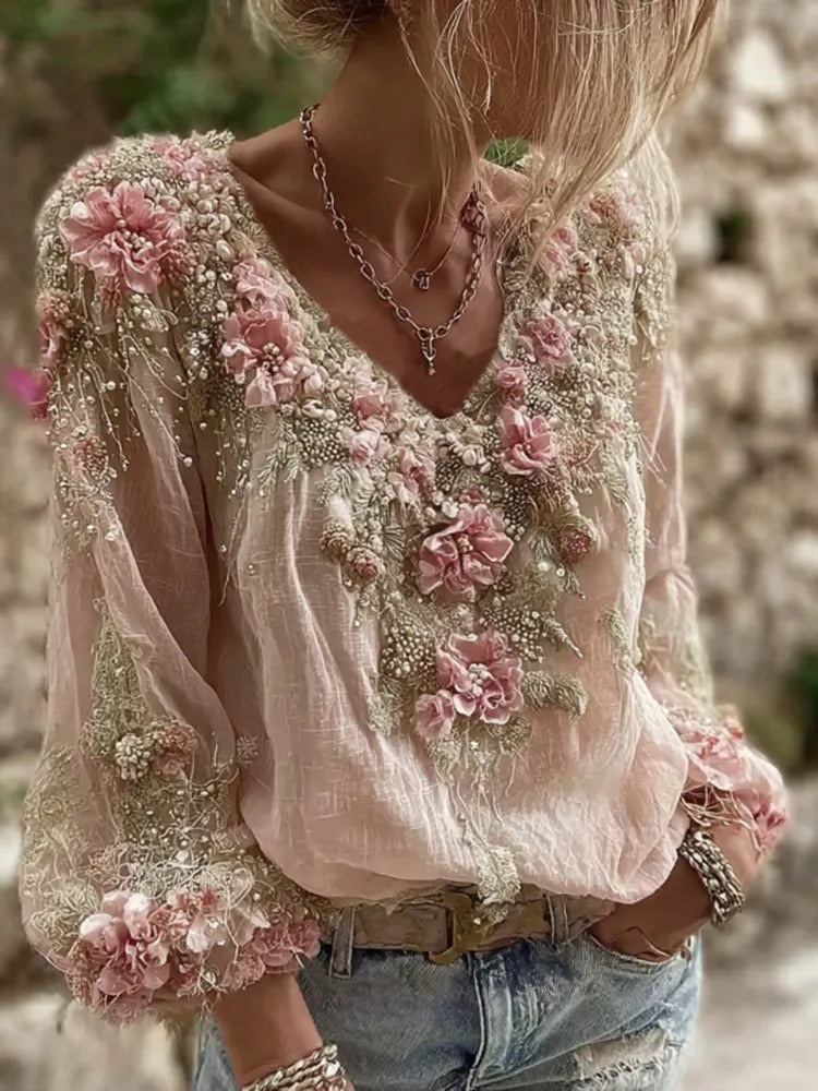Women's Pink Floral Embroidery Art V-neck Long Sleeve Linen Blend T-shirt