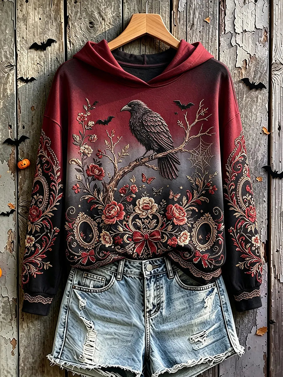 Halloween Crow Art Print Vintage Casual Hoodie