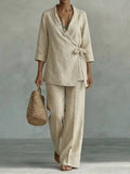 Cotton Linen V-neck Tie-front Top And Casual Trousers Set