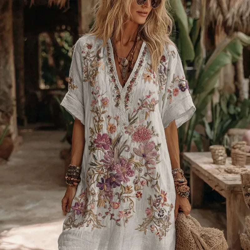 Women's Floral Embroidery Art V Neck Comfy Midi Dress