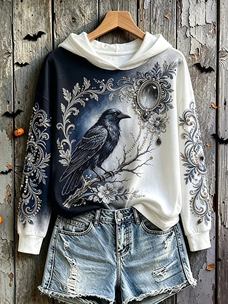 Halloween Crow Art Print Vintage Casual Hoodie