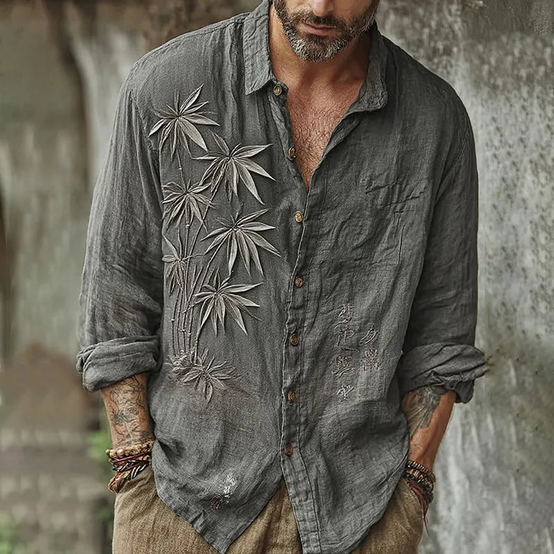 Men's Vintage Japanese Bamboo Embroidery Art Long Sleeve Linen Blend Shirt
