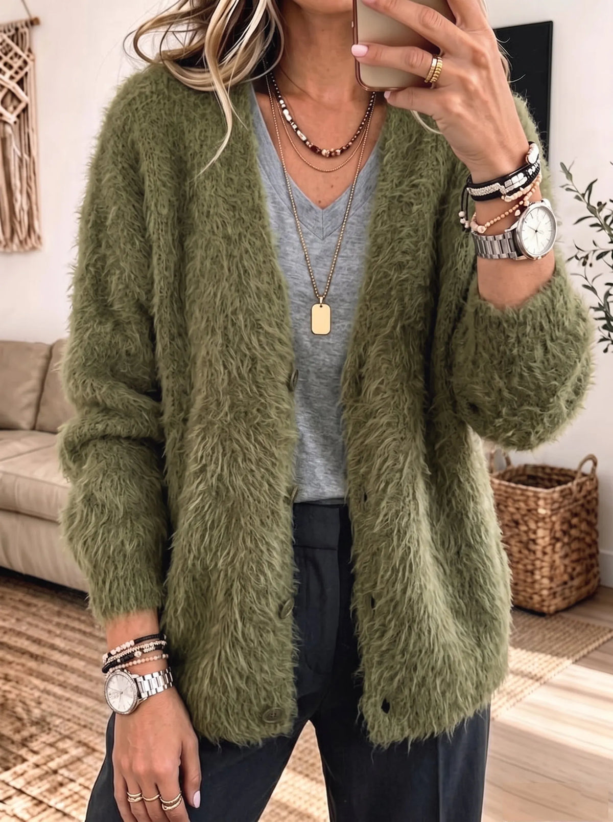 V‐Neck Fuzzy Shaggy Knit Button Front Long Sleeve Cardigan