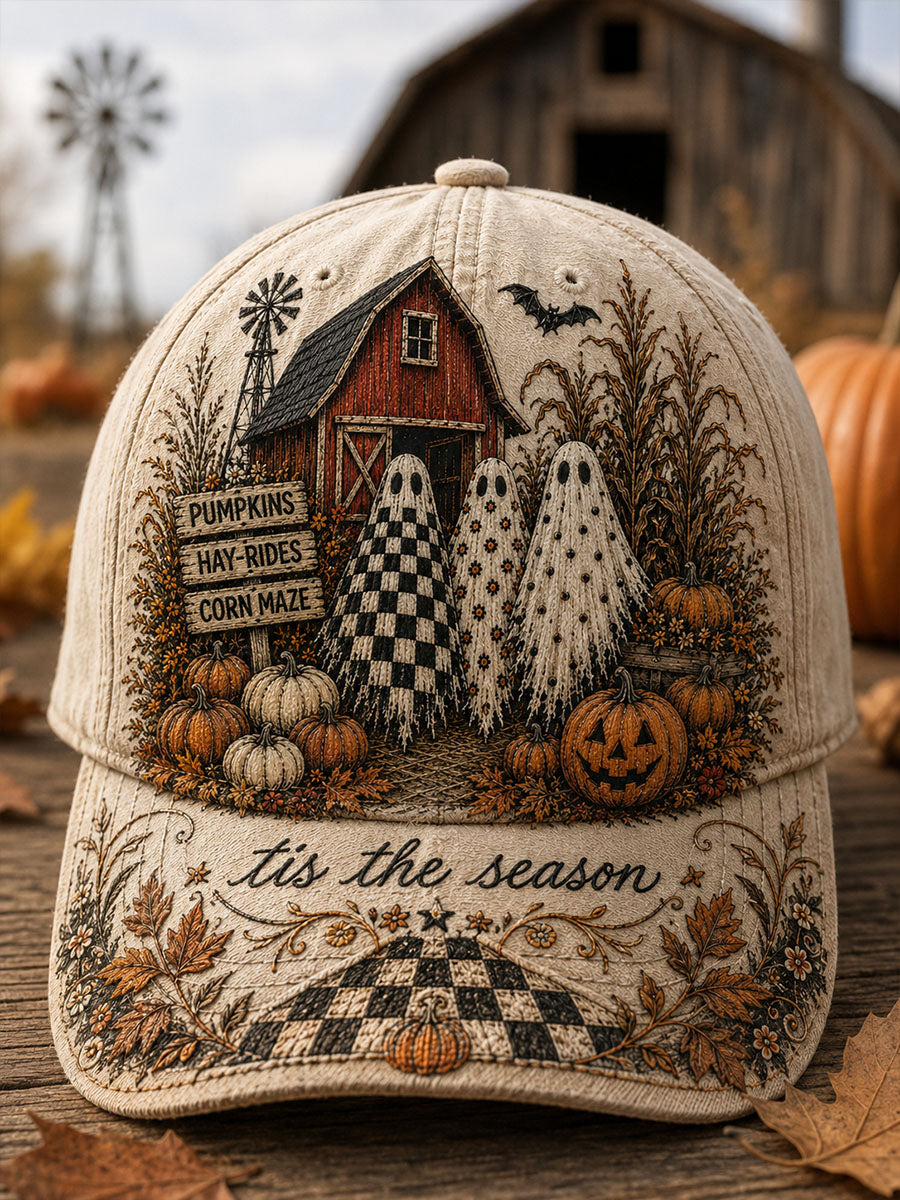 Halloween Farm Ghost Pumpkin Vintage Baseball Cap