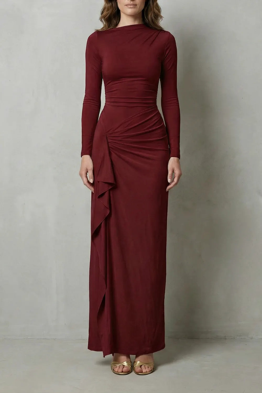 Sculpted side drape – Long sleeve maxi gown