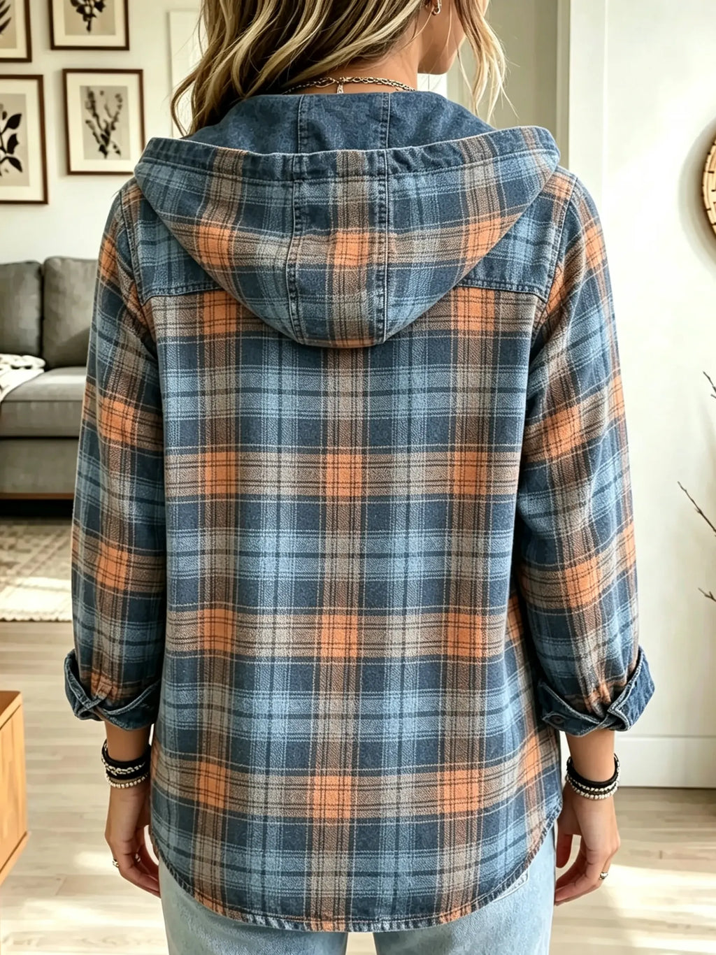 Women's Plaid Denim Trim Hooded Shacket