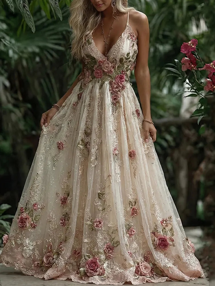 Women's Pink Rose Embroidery Art Suspender Maxi Dress