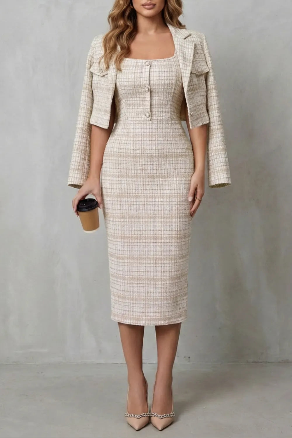 Elegant plaid tailoring – Two-piece midi dress set
