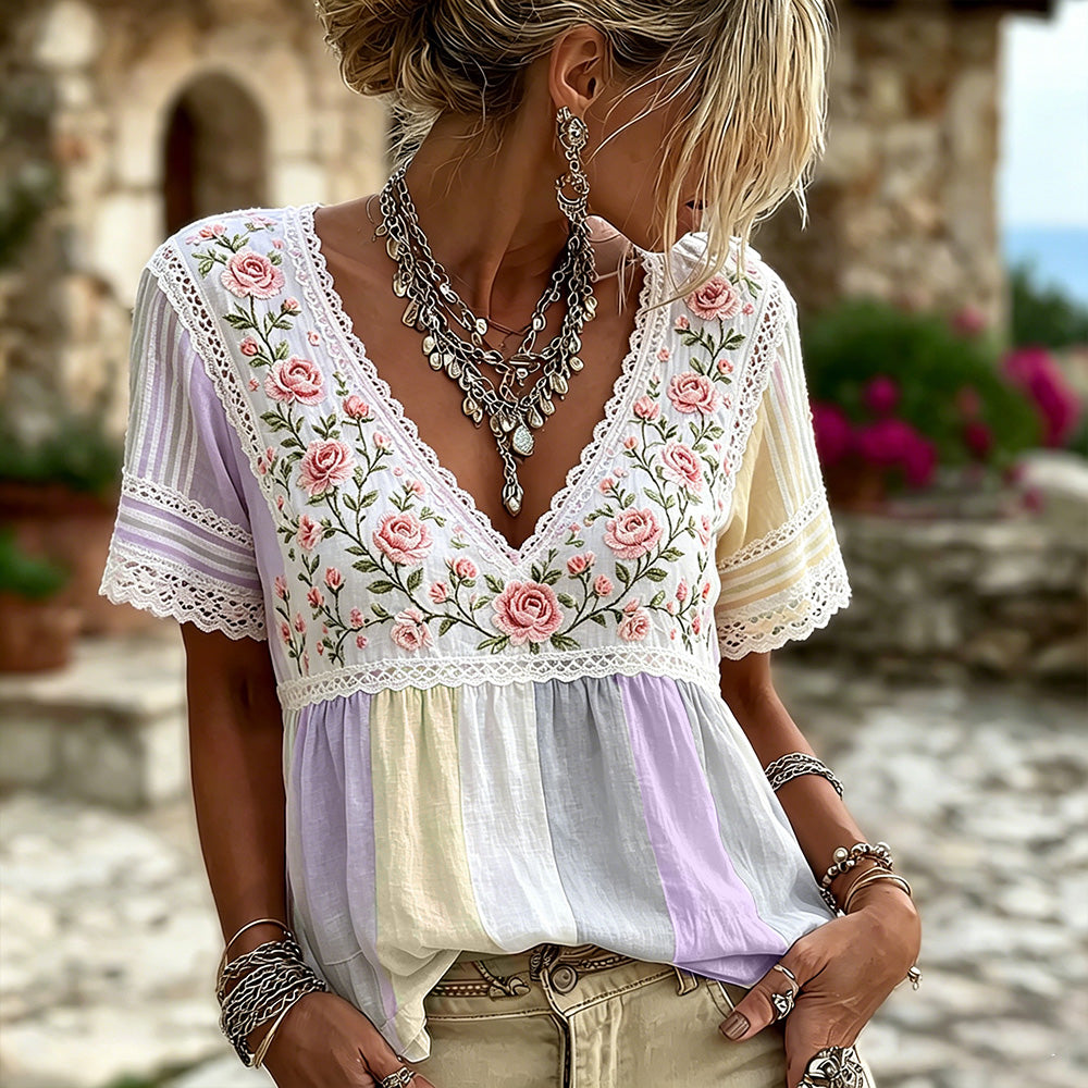 Women's Retro Rose Lace Art Embroidery Color Block Splicing Comfortable Cotton Linen V-neck Short Sleeve T-shirt