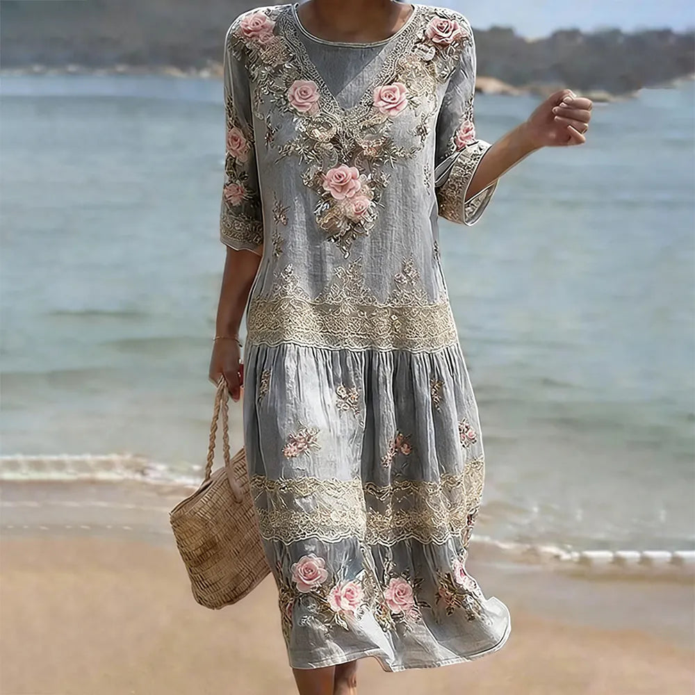 Women's Vintage Pink Flower Embroidery Art Midi Dress