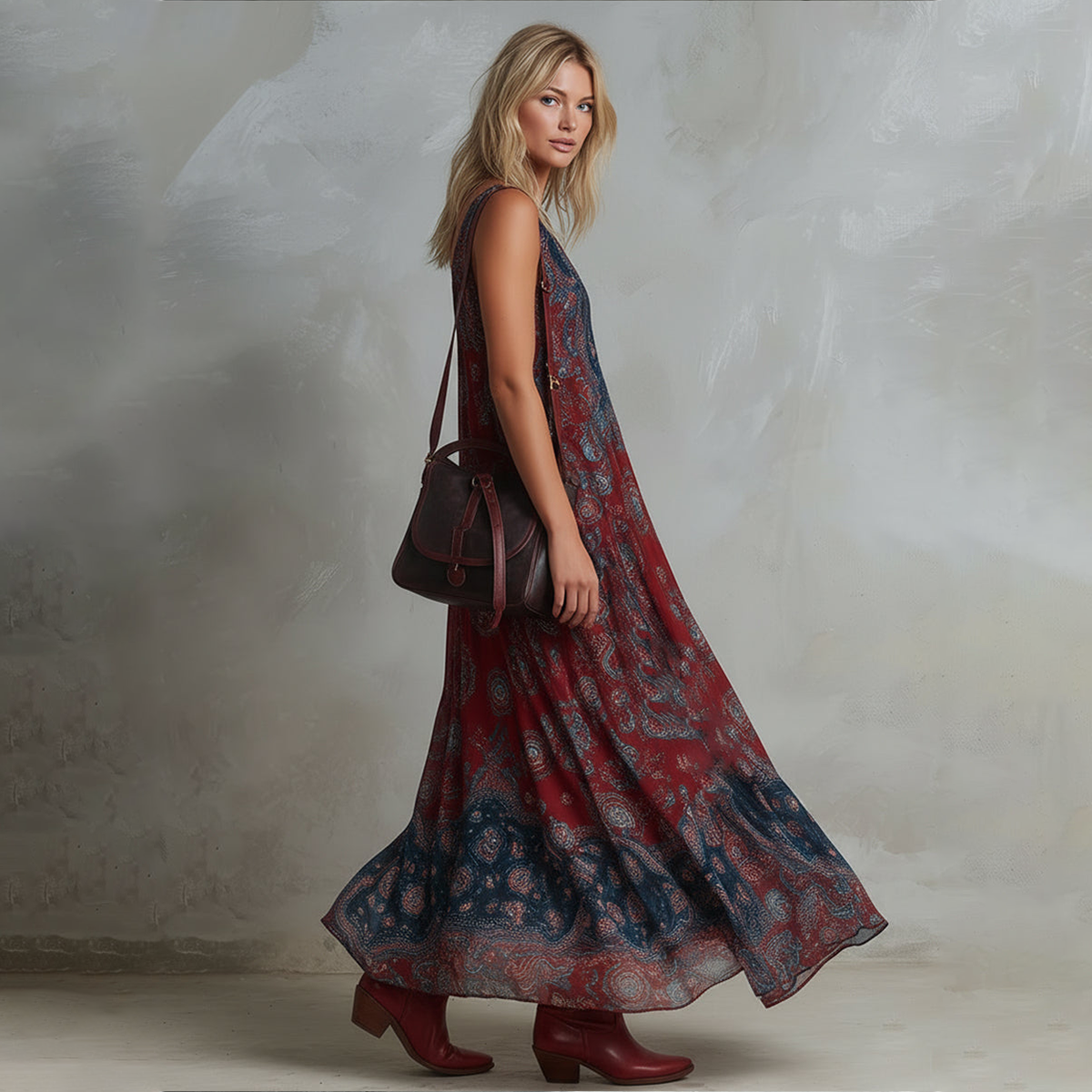 Retro Ethnic-inspired Bohemian Print Chiffon Sleeveless Maxi Dress