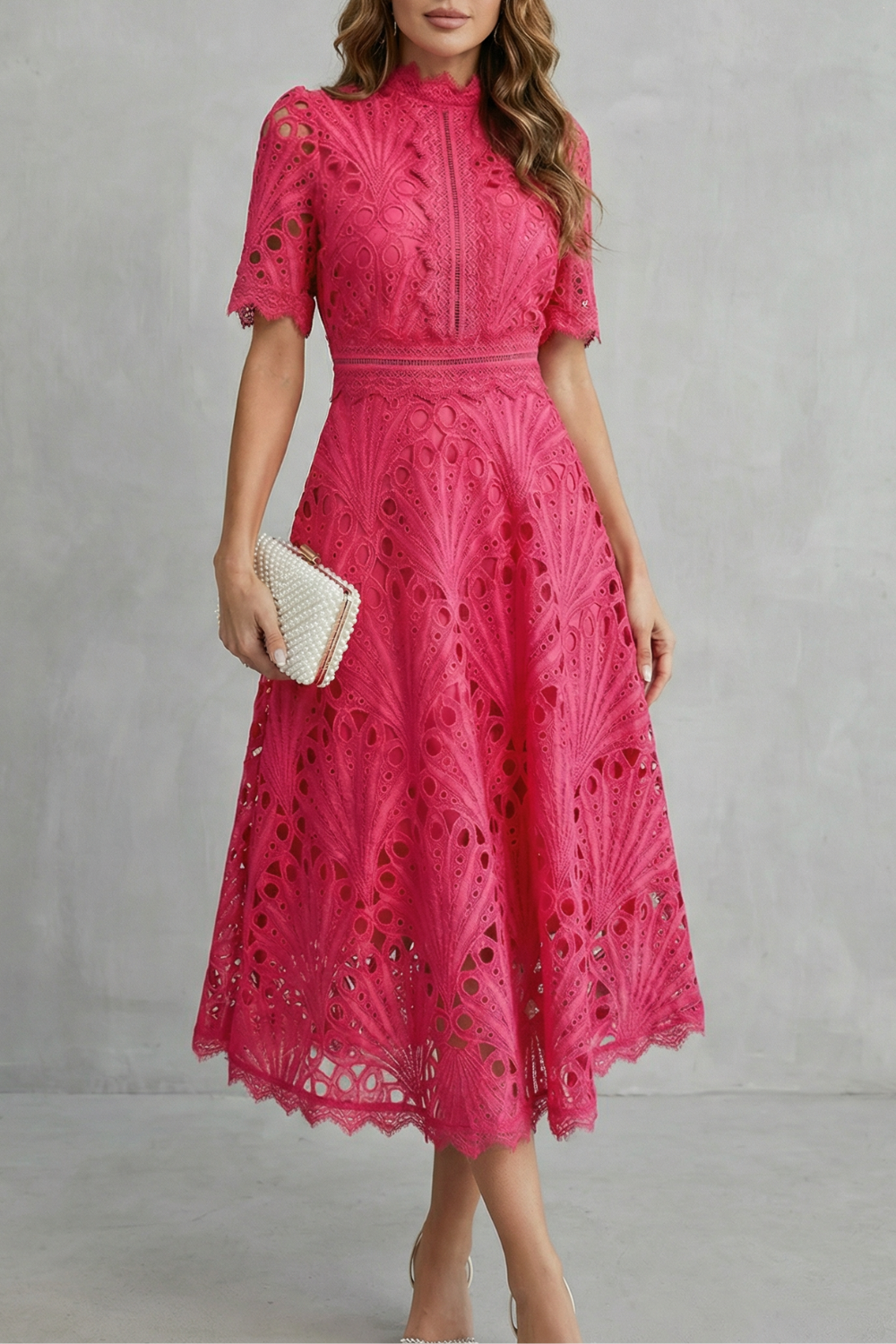 Ornate lace refinement – High-neck midi dress