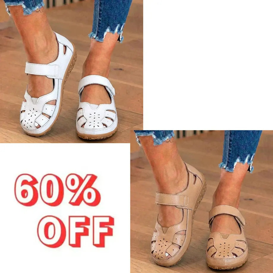 Orthopedic Leather Mary Jane Sandals - Perforated Design & Grip Sole