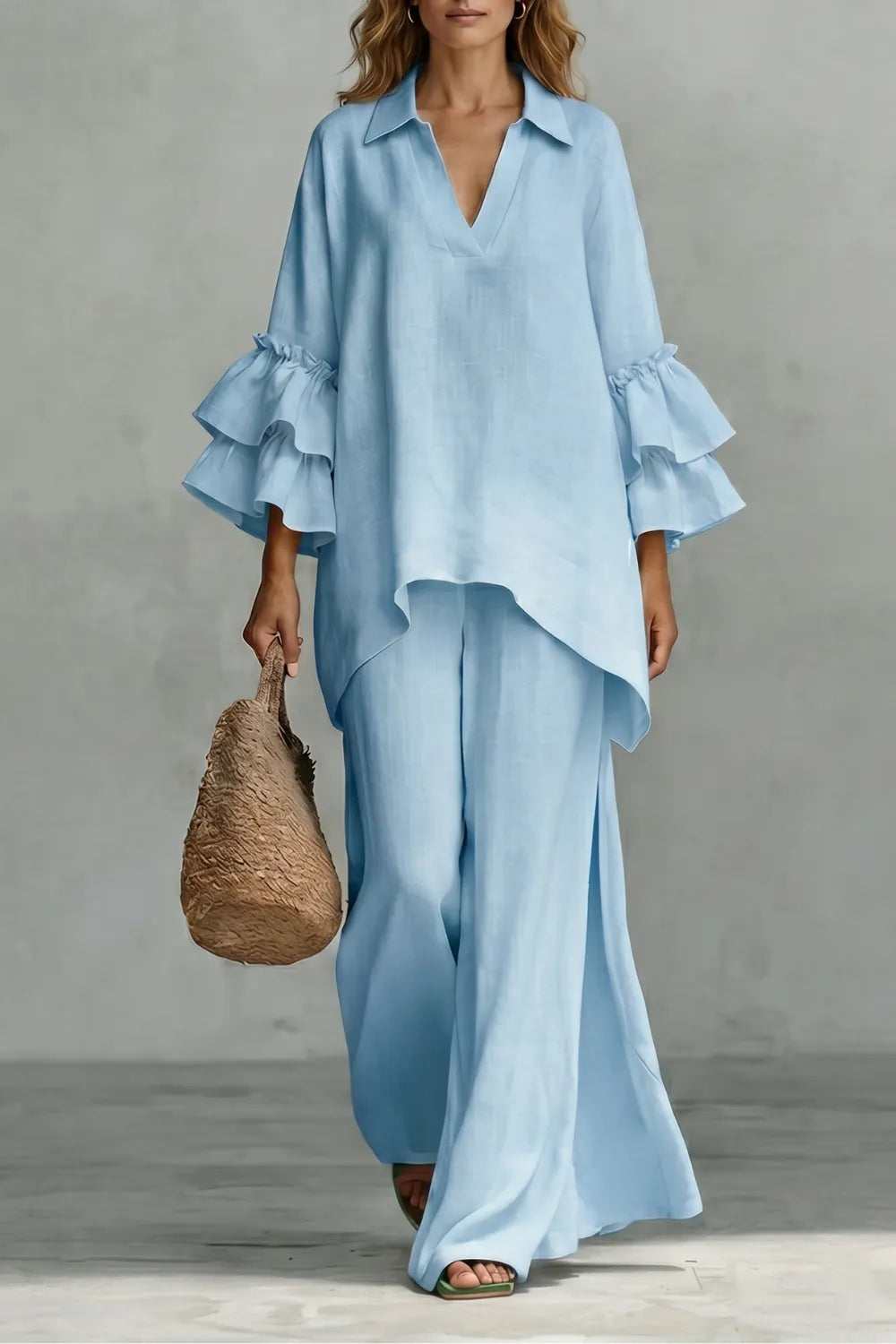 Ruffled sleeve ease – Trouser set