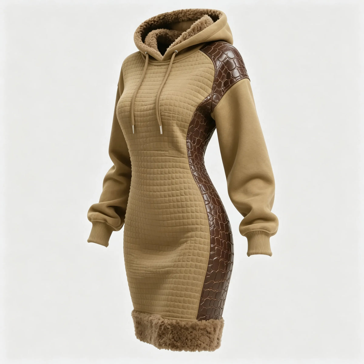 Women's Contrast Color Stitching Suede Lambswool Lapel Hooded Long Sweatshirt Dress