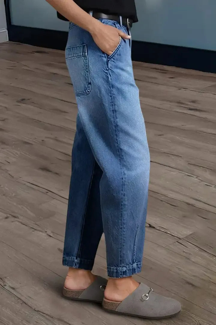 Wash Stitch Detail Mid Rise Barrel Leg Crop Jeans Without Belt