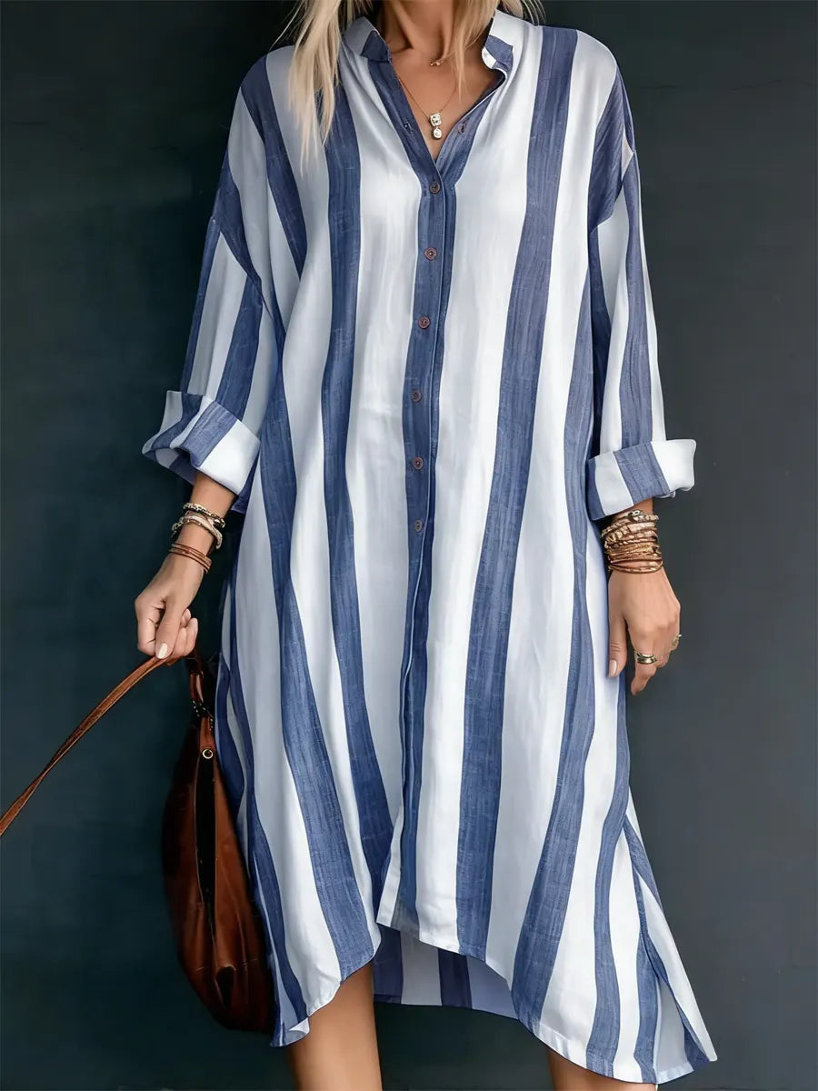 Women's Retro Fashion Striped Button Casual Cotton Dress