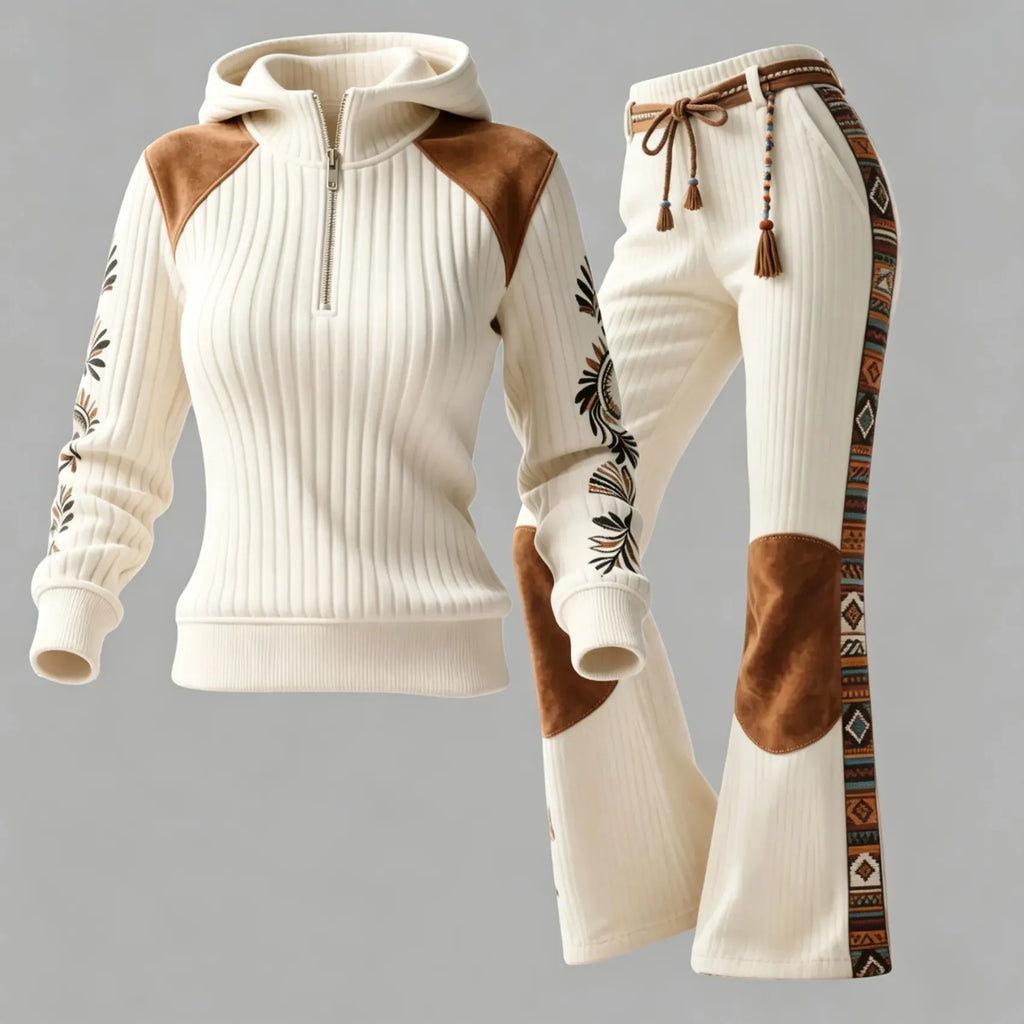 Women's Retro Ethnic Style Half-zip Hooded Sweatshirt And Trousers Set, Made Of Vertical Striped Color-blocked Suede Mat