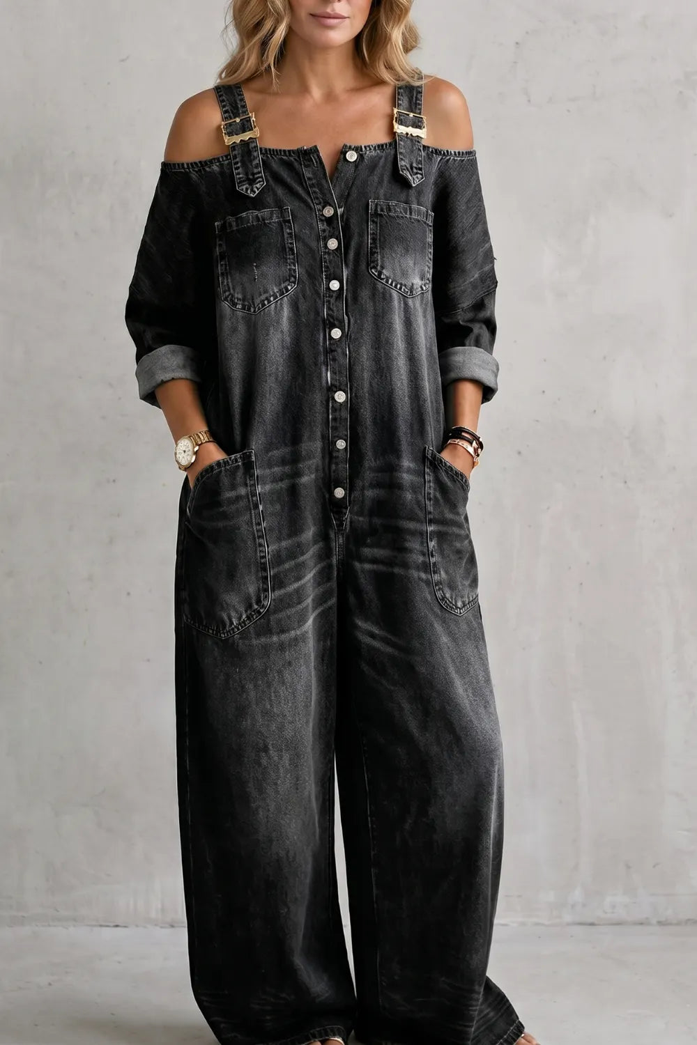 Off-shoulder utility charm – Wide-leg overalls