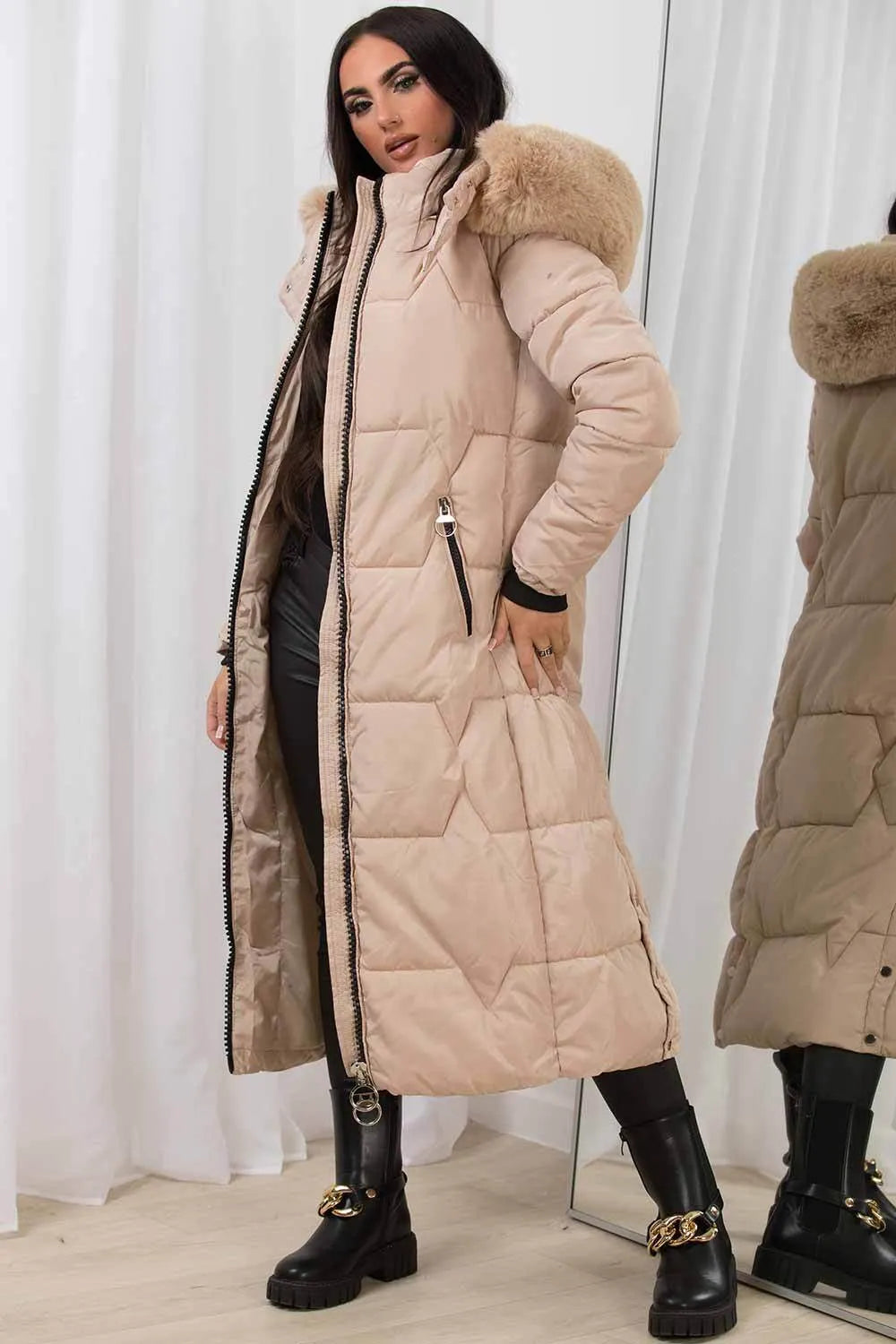Long Puffer Padded Coat With Faux Fur Hood Beige
