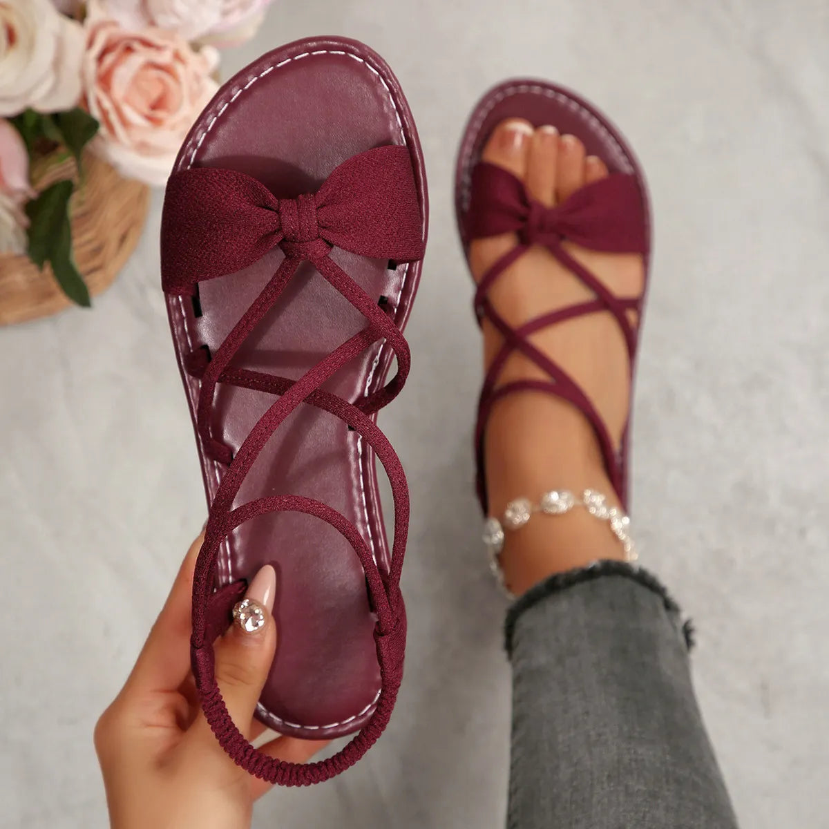 Knot-Front Elastic Ankle Sandals – Easy Slip-On with Arch Support