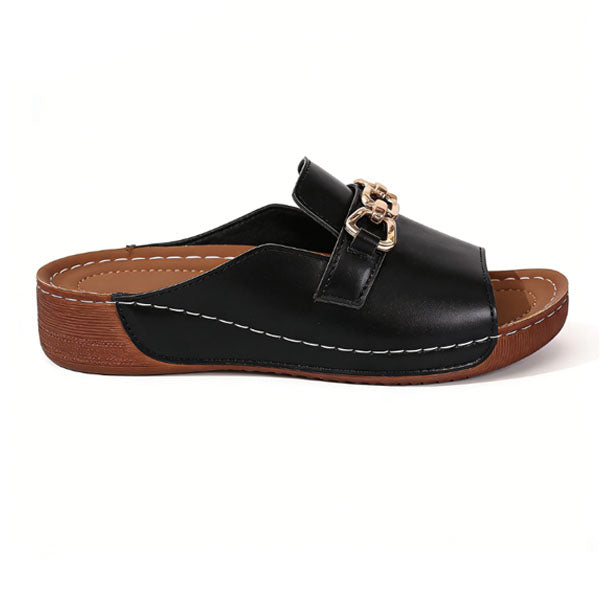 Metallic Buckle Wedge Mules – Easy Slip-On with Arch Support