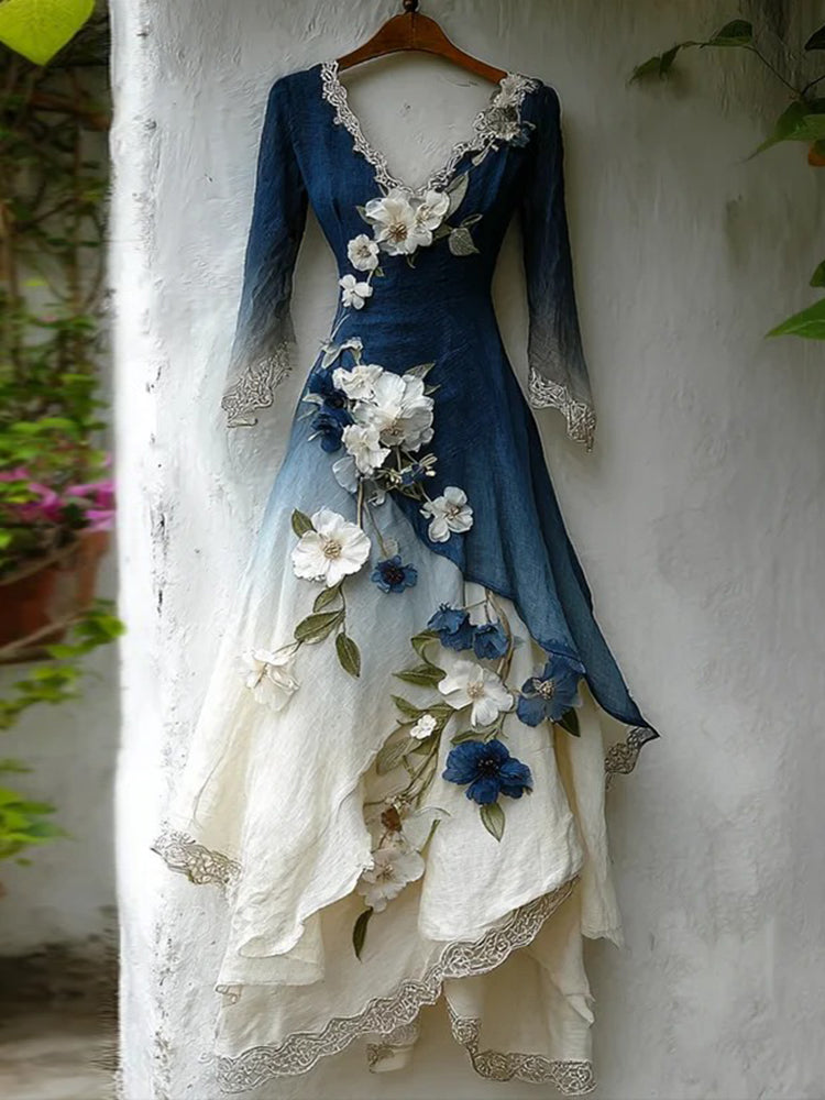 Women's Elegant Gradient Flowers Irregular Ruffle Linen Dress