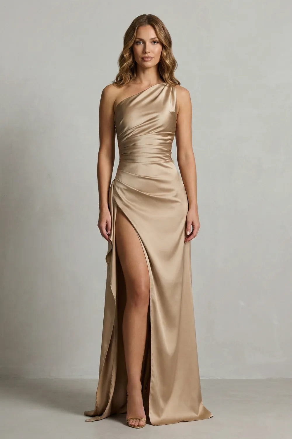 Liquid satin allure – One shoulder maxi dress