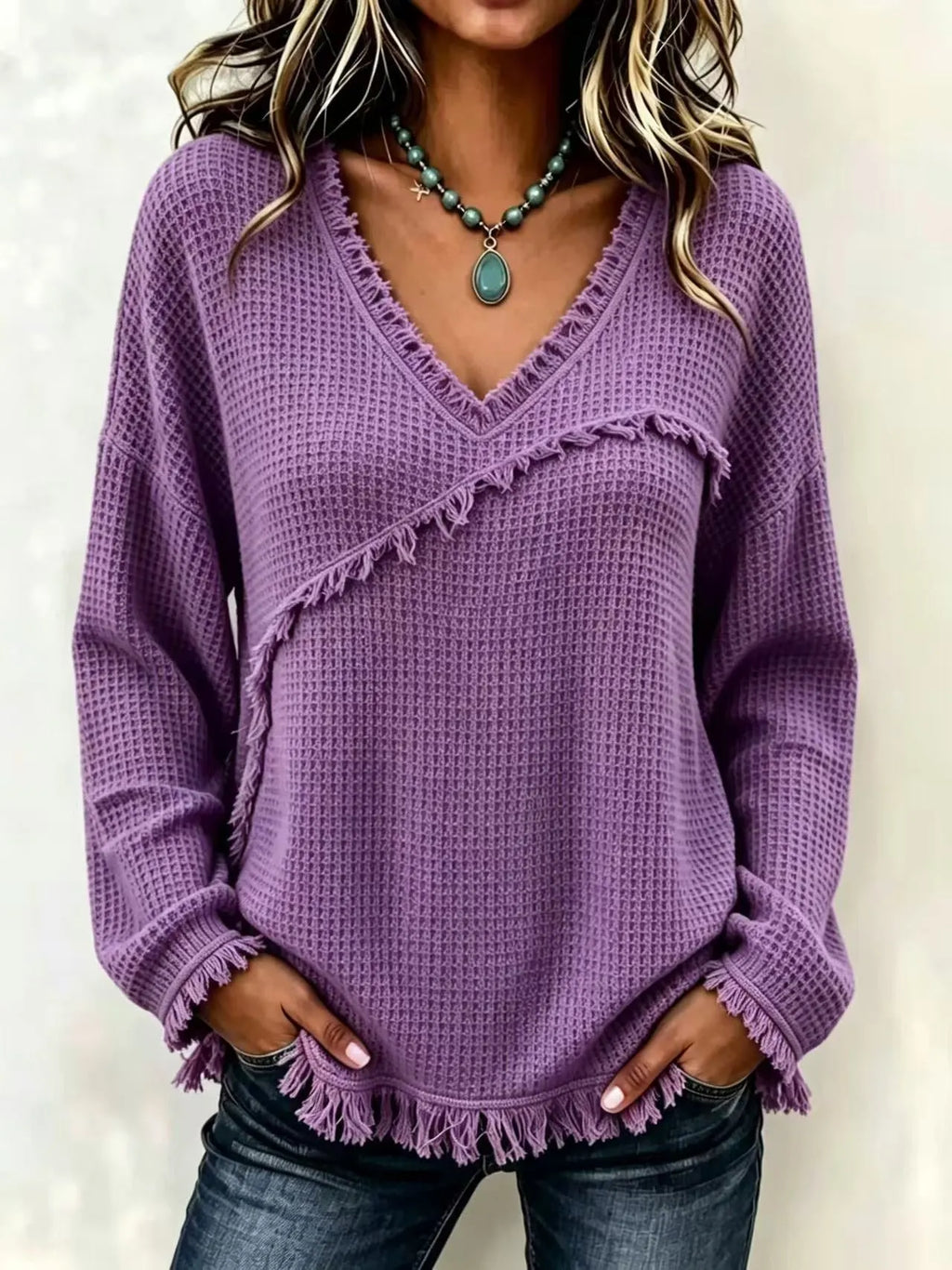 Fringe Trim Waffle Knit V‐Neck Sweater, Women Long Sleeve Loose Pullover Top