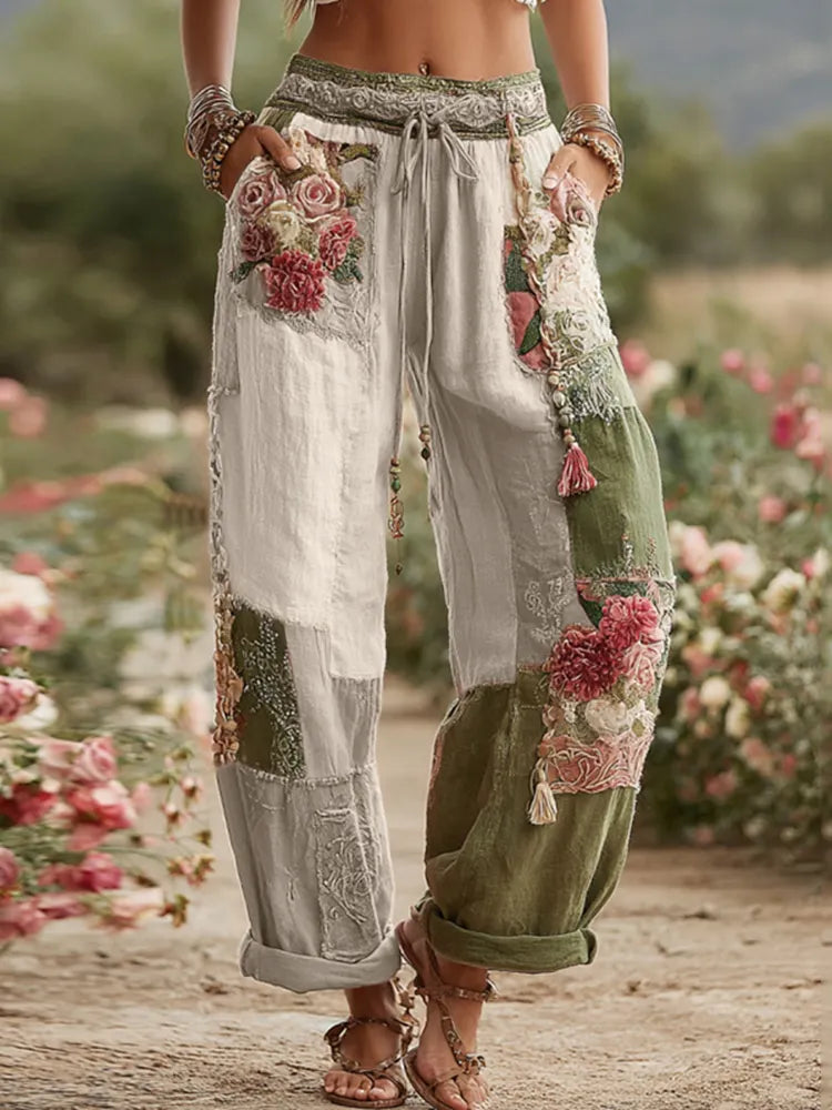 Love & Health Collection Retro Rose And Floral Patchwork Art Linen Pants