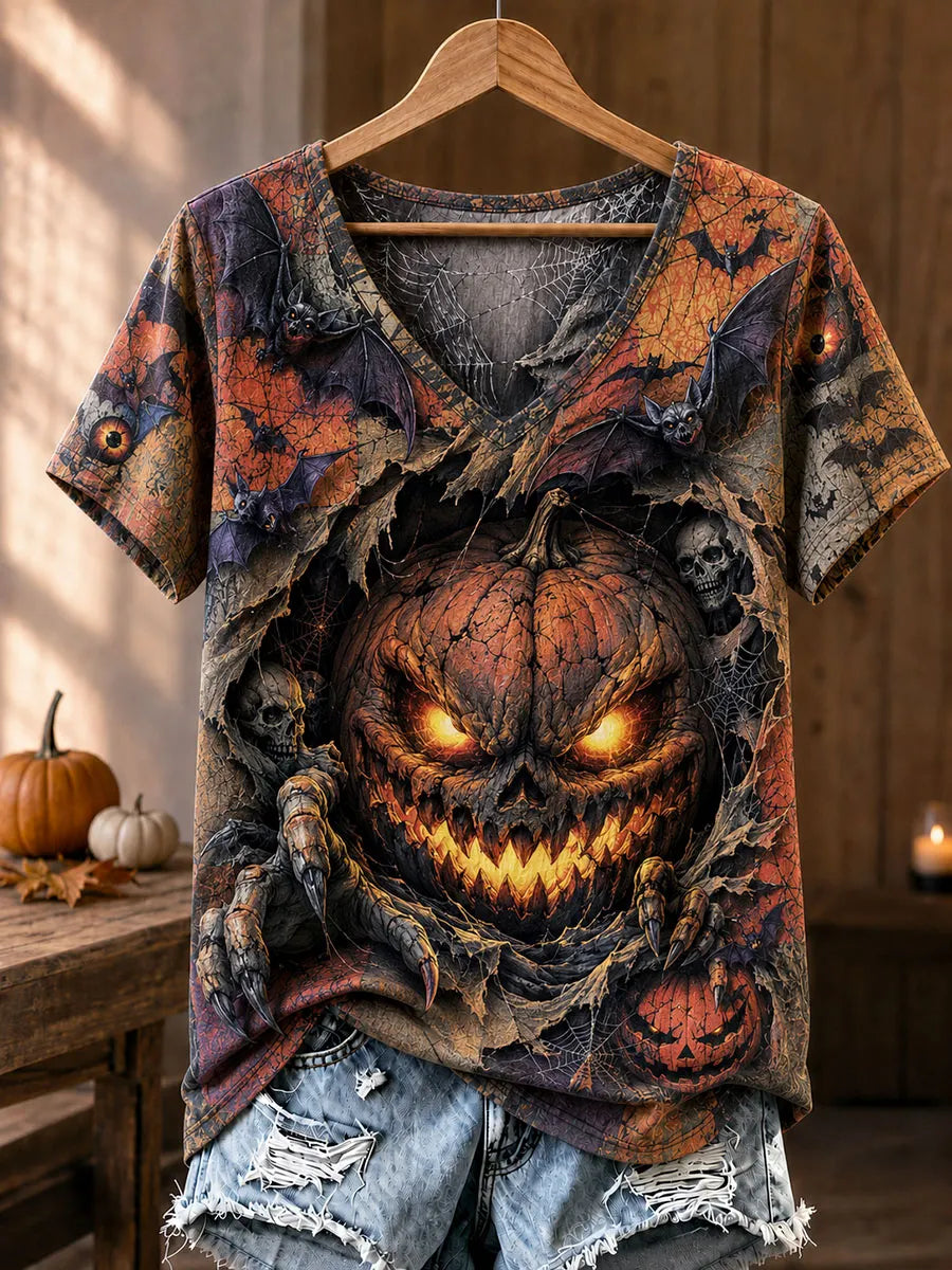 Skull Pumpkin Monster, Bat & Spiderweb Halloween V-Neck T-Shirt