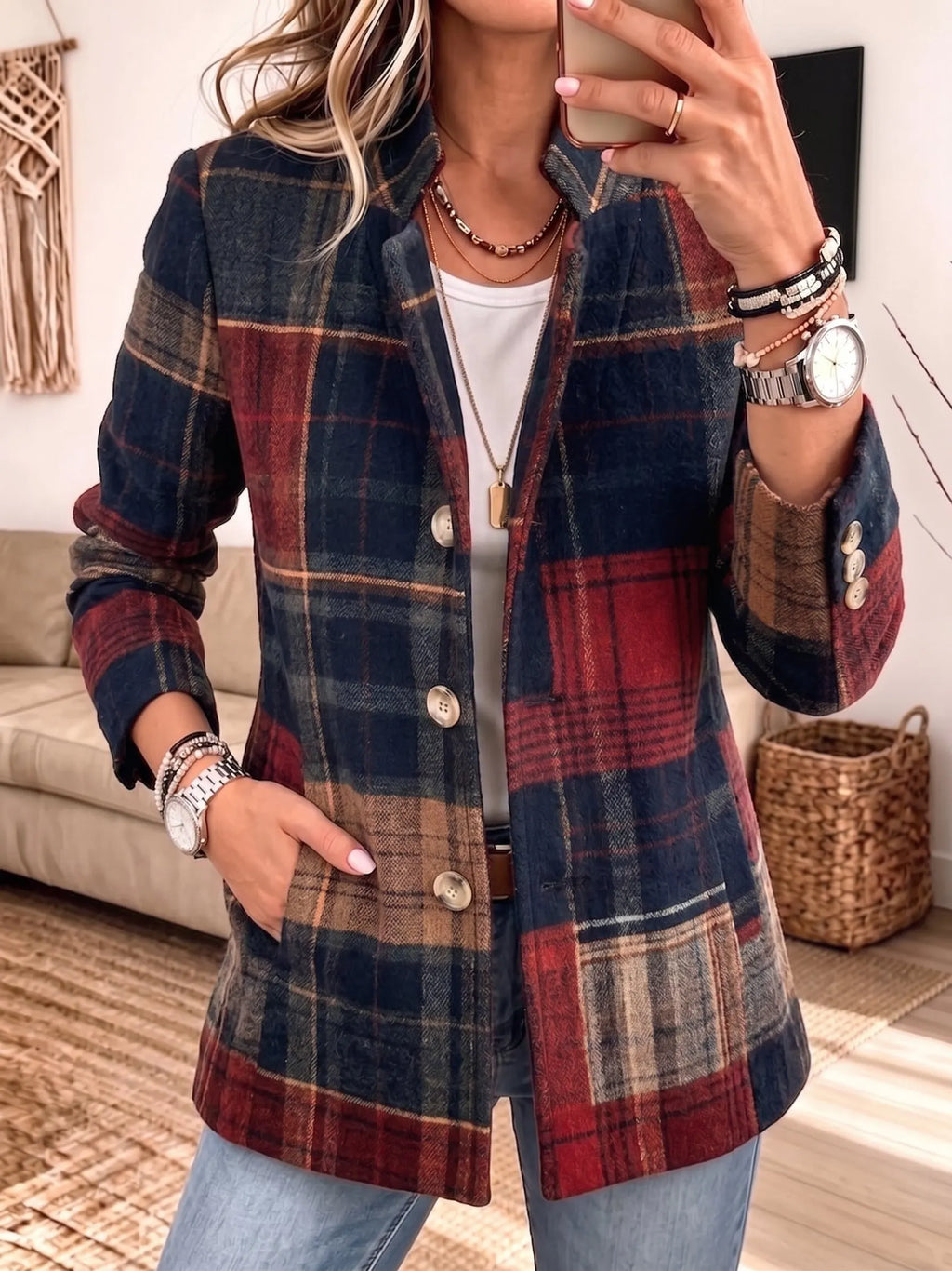 Women Plaid Blazer Notched Lapel Button Down Wool‐Blend Casual Jacket With Pockets