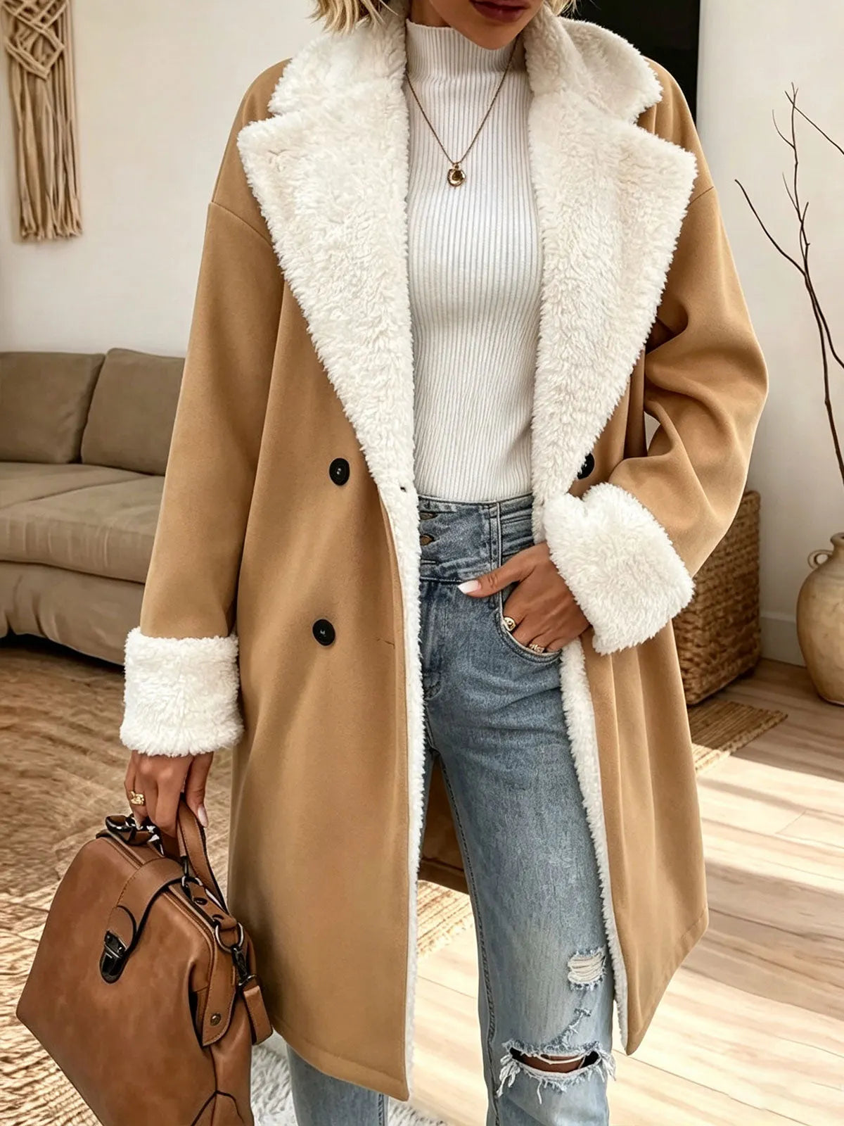 Camel Faux Shearling Lined Wool Blend Coat, Women Double‐Breasted Winter Overcoat