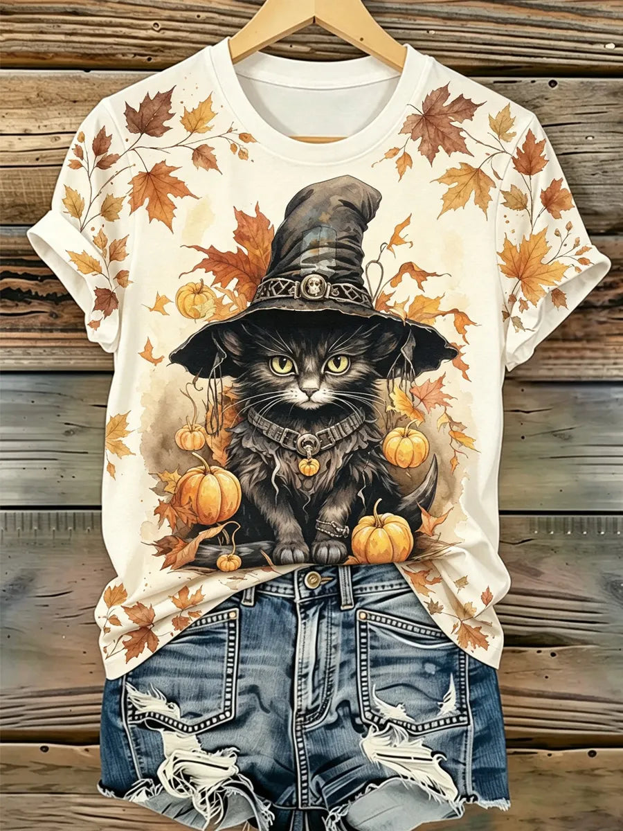Women's Halloween Cat Print Casual T-Shirt