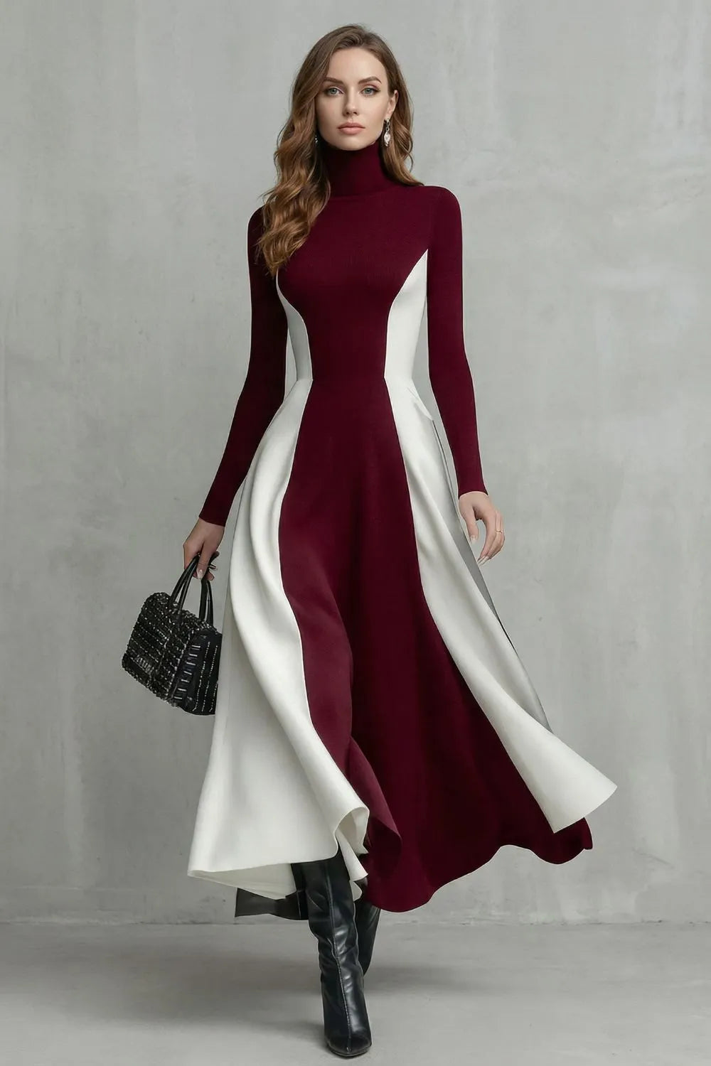 Sculpted contrast flow – Turtleneck dress