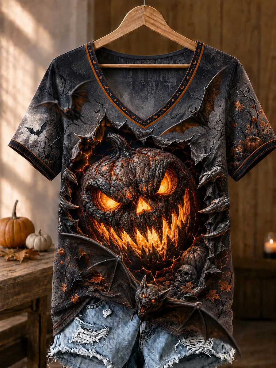 Dark Lava Pumpkin & Bat Halloween V-Neck T-Shirt