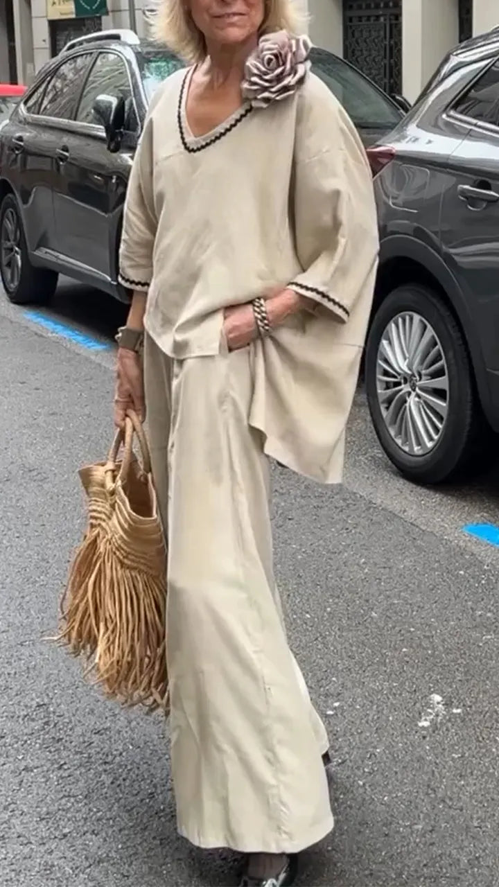 Women V-neck Irregular Top + Pants Loose Casual Suit