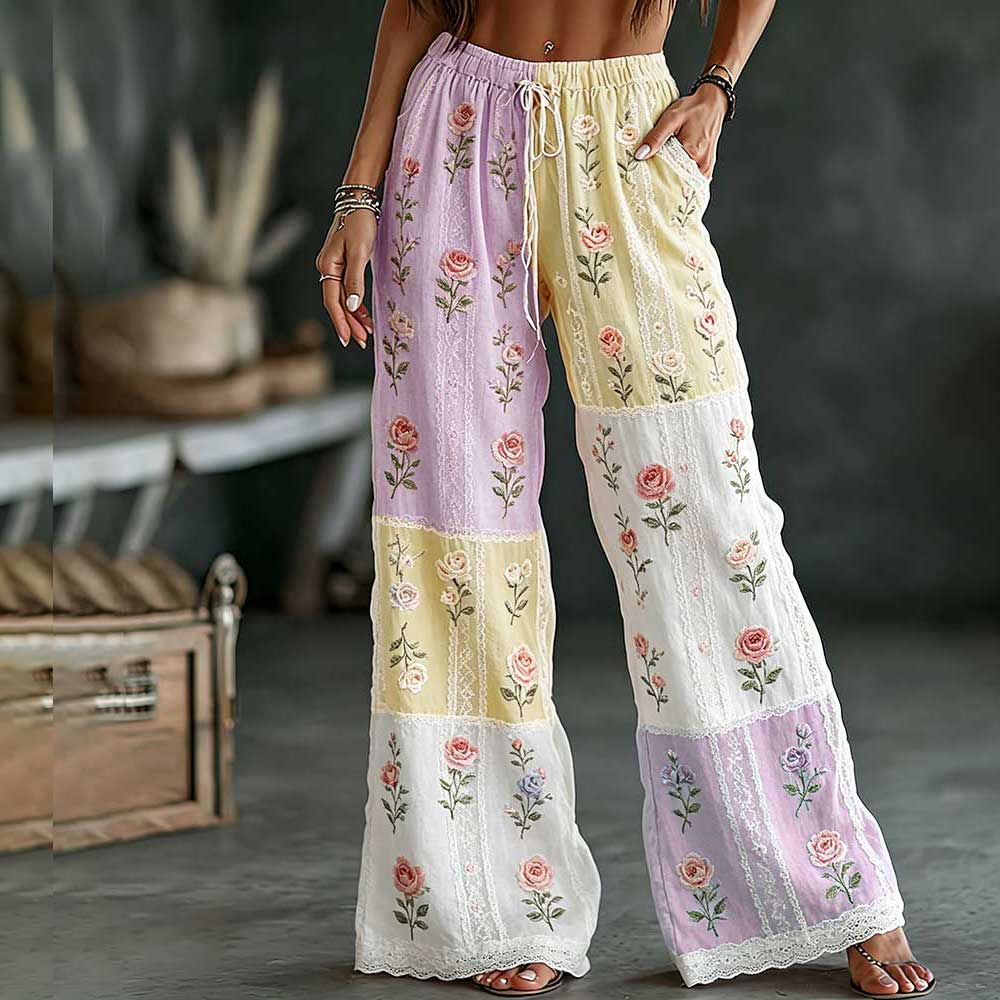 Vintage Rose Art Embroidery Color-block Spliced Comfortable Cotton Linen Trousers